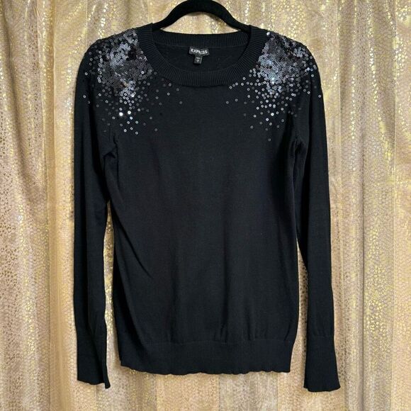 Express Black Sequin Shoulder Long Sleeve Sweater Top Medium - Picture 1 of 6